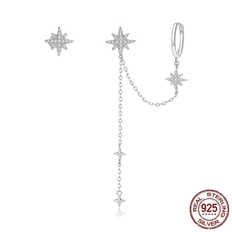 Brincos elegantes com estrelas - assimétricos - com corrente / cristais - prata de lei 925