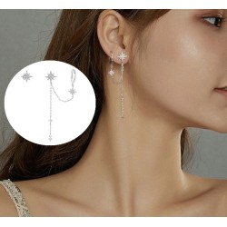 Brincos elegantes com estrelas - assimétricos - com corrente / cristais - prata de lei 925