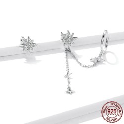 Brincos elegantes com estrelas - assimétricos - com corrente / cristais - prata de lei 925
