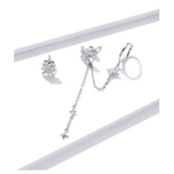 Brincos elegantes com estrelas - assimétricos - com corrente / cristais - prata de lei 925