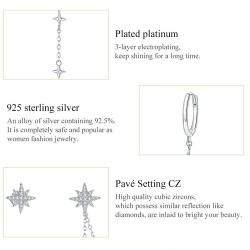 Brincos elegantes com estrelas - assimétricos - com corrente / cristais - prata de lei 925
