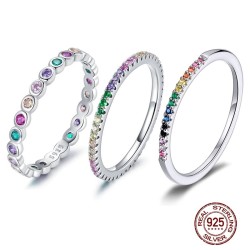 Elegante anel arco-íris - zircão colorido - prata de lei 925