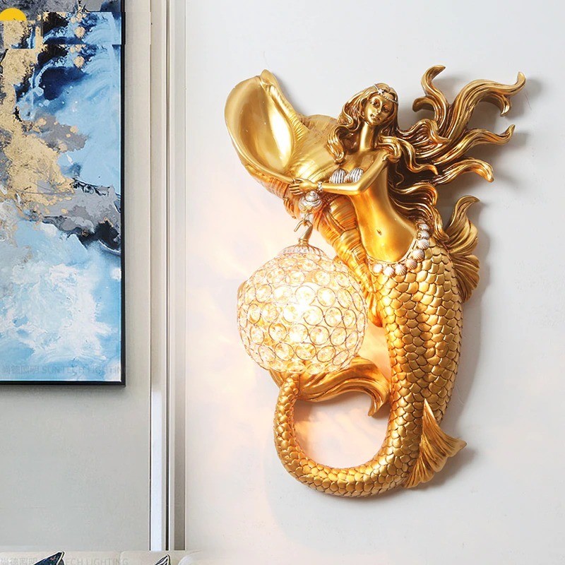 Luminária de parede de cristal luxuoso - sereia de ouro com bola