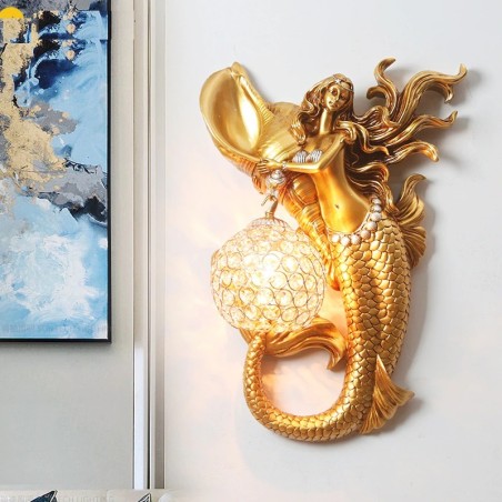 Luminária de parede de cristal luxuoso - sereia de ouro com bola