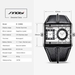 SINOBI - relógio de quartzo masculino da moda - fuso horário duplo - pulseira de couro