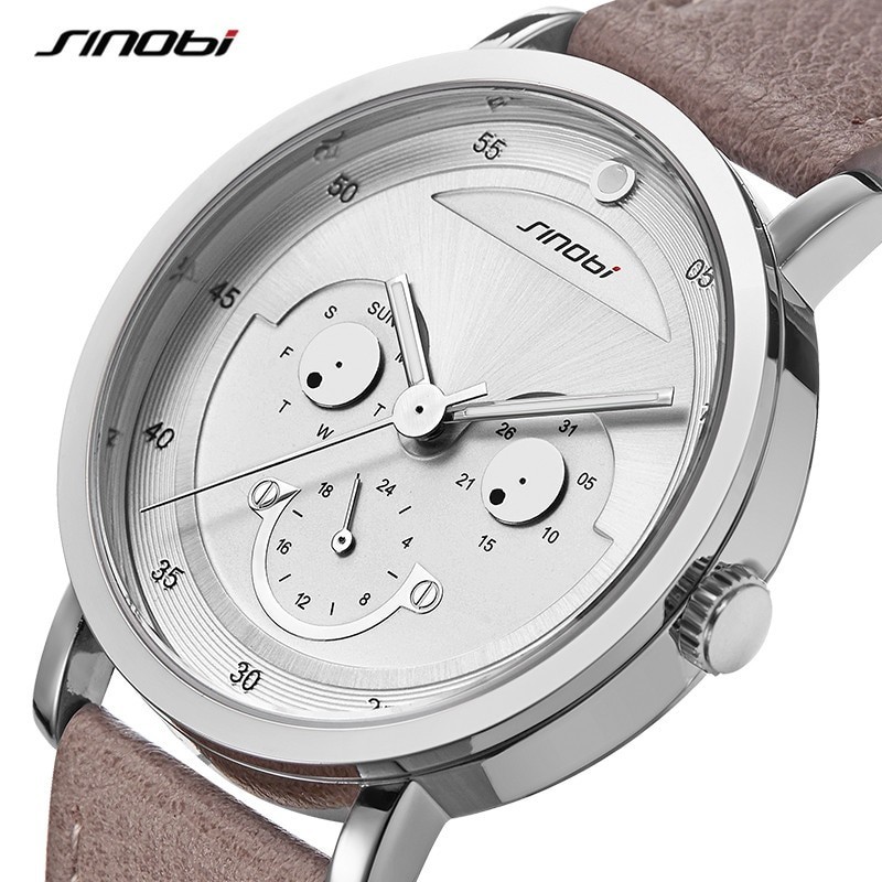 SINOBI - elegante relógio de quartzo - pulseira de couro - design de rosto sorridente