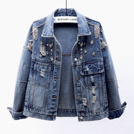 Jaqueta jeans curta vintage - com diamantes / furos