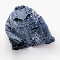 Jaqueta jeans curta vintage - com diamantes / furos