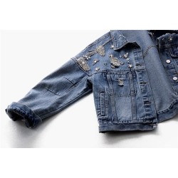 Jaqueta jeans curta vintage - com diamantes / furos