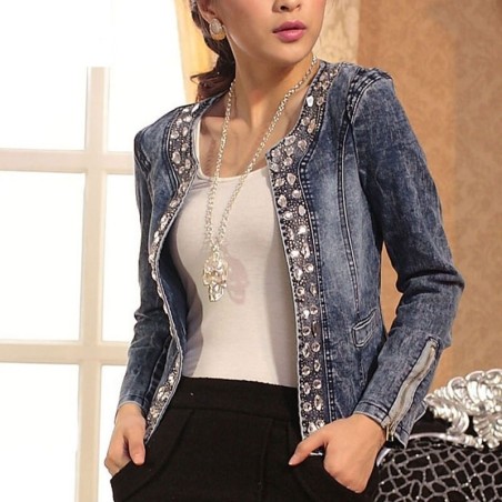 Jaqueta jeans curta elegante - com lantejoulas / cristais - slim