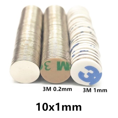 N42 - ímã de neodímio - disco redondo forte - com adesivo 3M - 10mm x 1mm - 10 - 100 peças