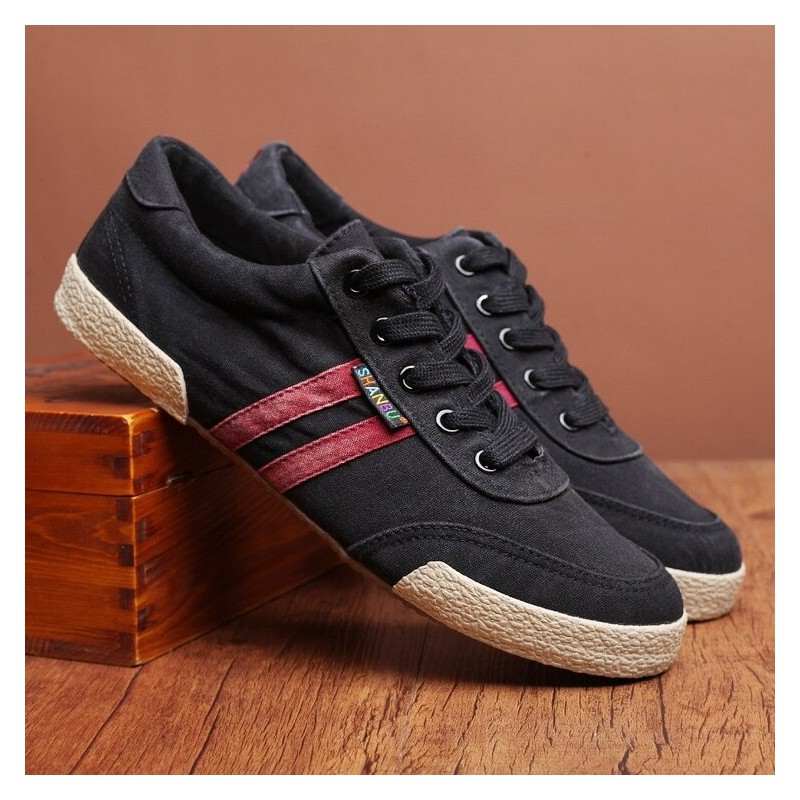 Sapatos masculinos clássicos - tênis de lona plana - bico redondo - cadarço