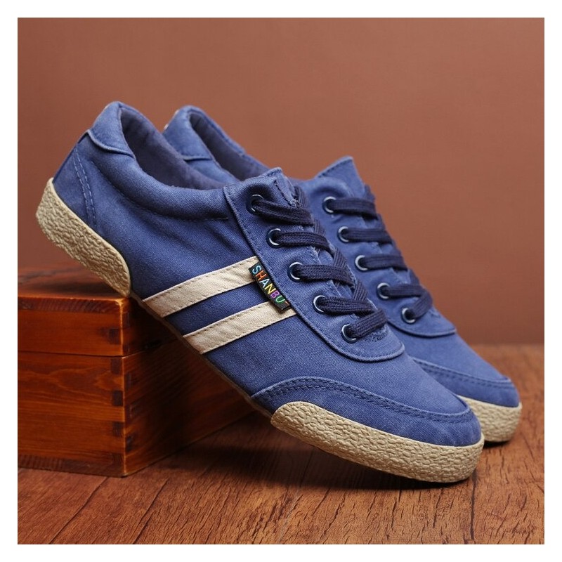 Sapatos masculinos clássicos - tênis de lona plana - bico redondo - cadarço