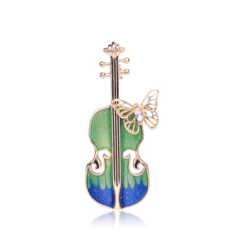 Broche elegante com guitarra e borboleta de cristal