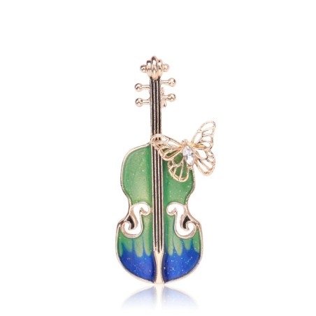Broche elegante com guitarra e borboleta de cristal