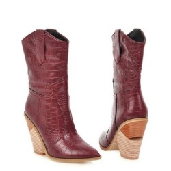 Botas de couro elegantes - metade do comprimento da panturrilha - salto de cunha grosso - estilo cowboy