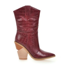 Botas de couro elegantes - metade do comprimento da panturrilha - salto de cunha grosso - estilo cowboy