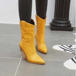 Botas de couro elegantes - metade do comprimento da panturrilha - salto de cunha grosso - estilo cowboy