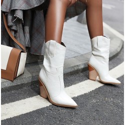 Botas de couro elegantes - metade do comprimento da panturrilha - salto de cunha grosso - estilo cowboy
