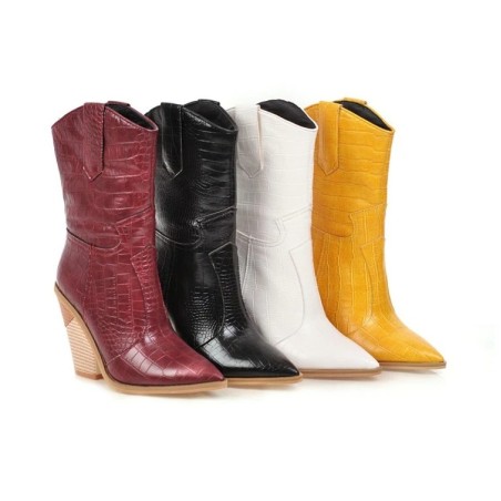 Botas de couro elegantes - metade do comprimento da panturrilha - salto de cunha grosso - estilo cowboy