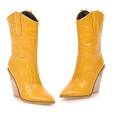Botas de couro elegantes - metade do comprimento da panturrilha - salto de cunha grosso - estilo cowboy