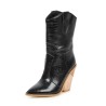 Botas de couro elegantes - metade do comprimento da panturrilha - salto de cunha grosso - estilo cowboy