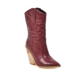 Botas de couro elegantes - metade do comprimento da panturrilha - salto de cunha grosso - estilo cowboy