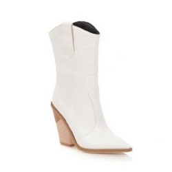 Botas de couro elegantes - metade do comprimento da panturrilha - salto de cunha grosso - estilo cowboy