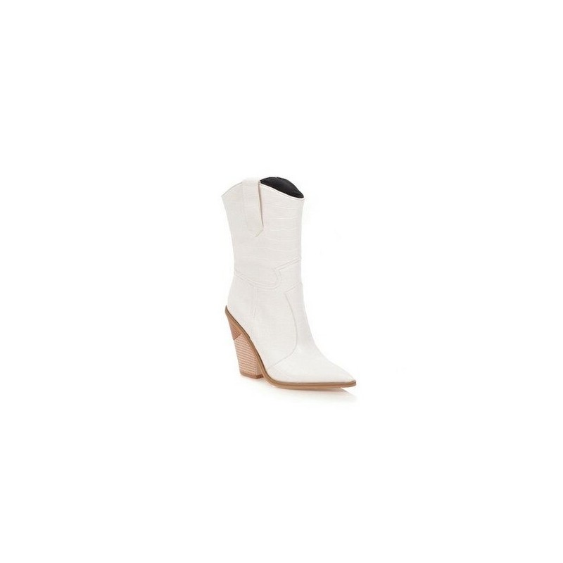 Botas de couro elegantes - metade do comprimento da panturrilha - salto de cunha grosso - estilo cowboy Botas de couro elegantes - metade do comprimento da panturrilha - salto de cunha grosso - estilo cowboy