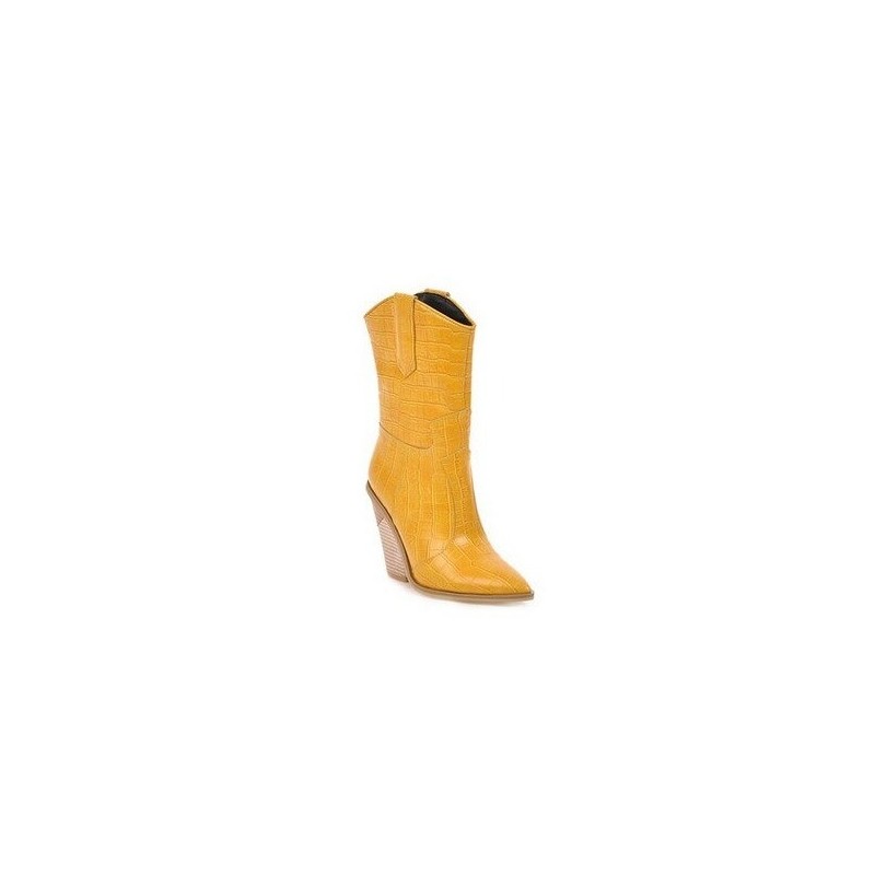 Botas de couro elegantes - metade do comprimento da panturrilha - salto de cunha grosso - estilo cowboy Botas de couro elegantes - metade do comprimento da panturrilha - salto de cunha grosso - estilo cowboy
