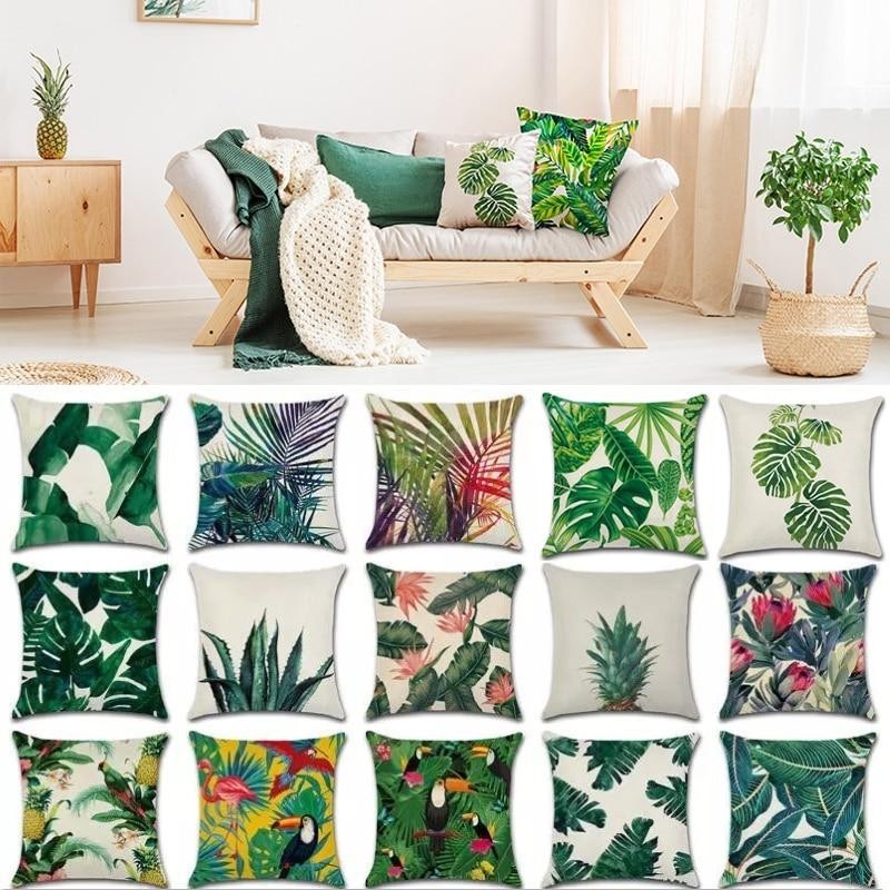 Capa de almofada decorativa - plantas tropicais - cacto - monstera - folha de palmeira verde - 45 cm * 45 cm