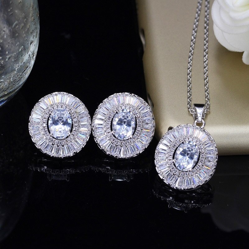 Conjunto de joias da moda - brincos - colar - com zircônias cúbicas redondas