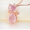 Elegante colar de ouro rosa - pingente em forma de gato - cristais - opala rosa