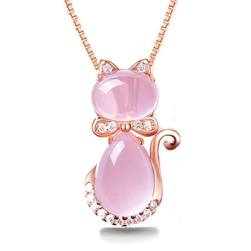 Elegante colar de ouro rosa - pingente em forma de gato - cristais - opala rosa