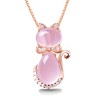Elegante colar de ouro rosa - pingente em forma de gato - cristais - opala rosa