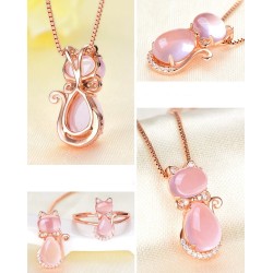 Elegante colar de ouro rosa - pingente em forma de gato - cristais - opala rosa