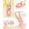 Elegante colar de ouro rosa - pingente em forma de gato - cristais - opala rosa