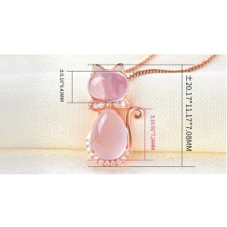 Elegante colar de ouro rosa - pingente em forma de gato - cristais - opala rosa
