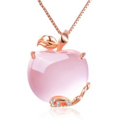 Elegante colar de ouro rosa - pingente em forma de maçã - cristais - opala rosa