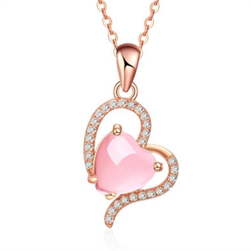 Elegante colar de ouro rosa - pingente em forma de coração - cristais - opala rosa
