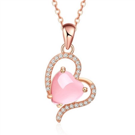 Elegante colar de ouro rosa - pingente em forma de coração - cristais - opala rosa