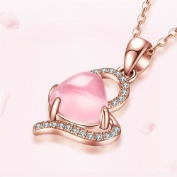 Elegante colar de ouro rosa - pingente em forma de coração - cristais - opala rosa