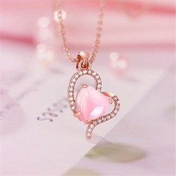 Elegante colar de ouro rosa - pingente em forma de coração - cristais - opala rosa