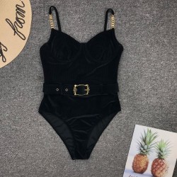 Sexy velvet one piece swimsuit - push up - decorative beltBeachwear