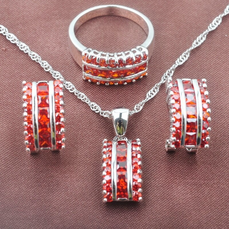 Conjunto de joias elegantes - com zircônias vermelhas - colar - brincos - anel