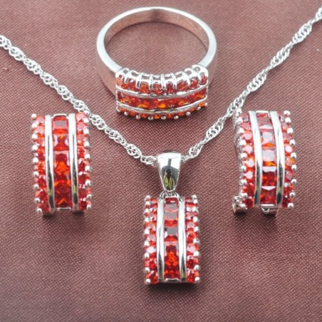 Conjunto de joias elegantes - com zircônias vermelhas - colar - brincos - anel