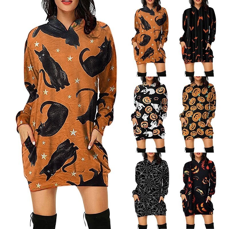Mini vestido com capuz - pulôver solto - com bolsos - estampa Halloween - abóbora - gatos - teia de aranha