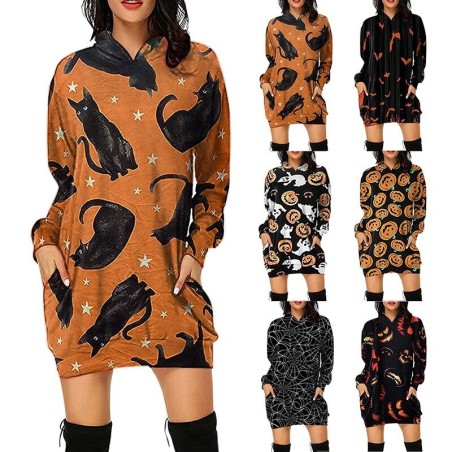 Mini vestido com capuz - pulôver solto - com bolsos - estampa Halloween - abóbora - gatos - teia de aranha