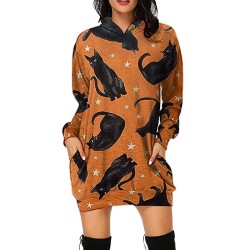 Mini vestido com capuz - pulôver solto - com bolsos - estampa Halloween - abóbora - gatos - teia de aranha