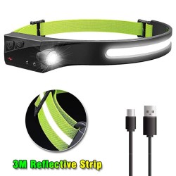 Farol de indução com bateria integrada - LED COB - recarregável USB - lanterna frontal